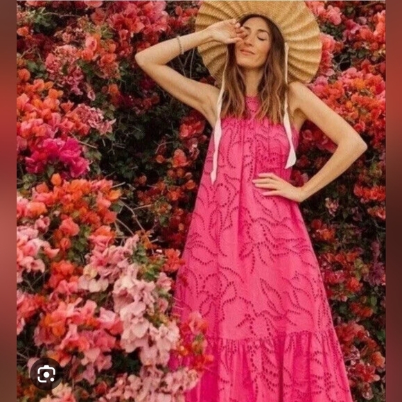 ANTHROPOLOGIE by MAEVE Belrose Eyelet Maxi Dress Barbie Pink Dress Size XS - Picture 6 of 14